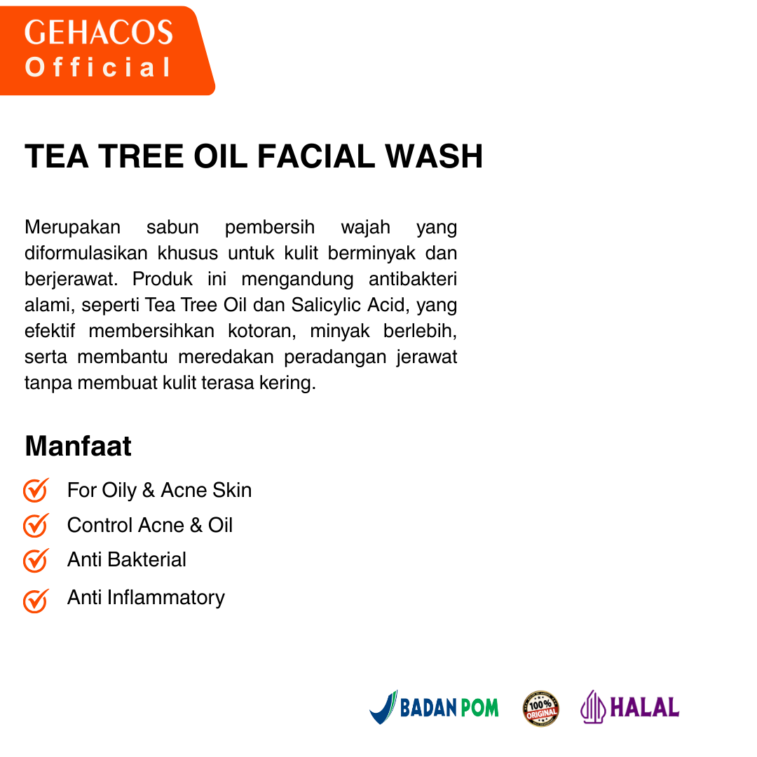GEHACOS Tea Tree Oil Facial Wash, For Oily & Acne Skin, Anti Bacterial, Anti Inflammatory, 100 ml - Gambar 4