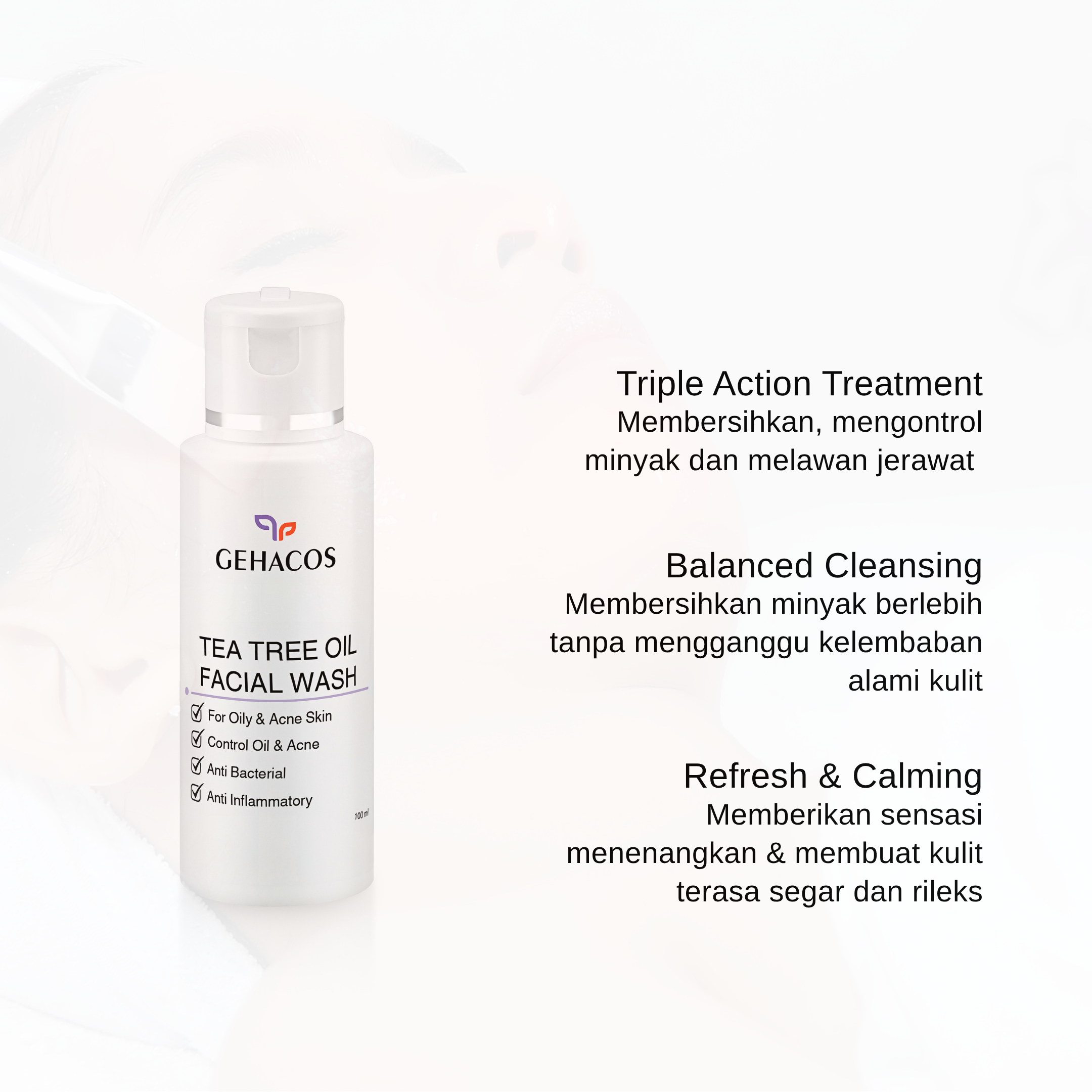 GEHACOS Tea Tree Oil Facial Wash, For Oily & Acne Skin, Anti Bacterial, Anti Inflammatory, 100 ml - Gambar 4