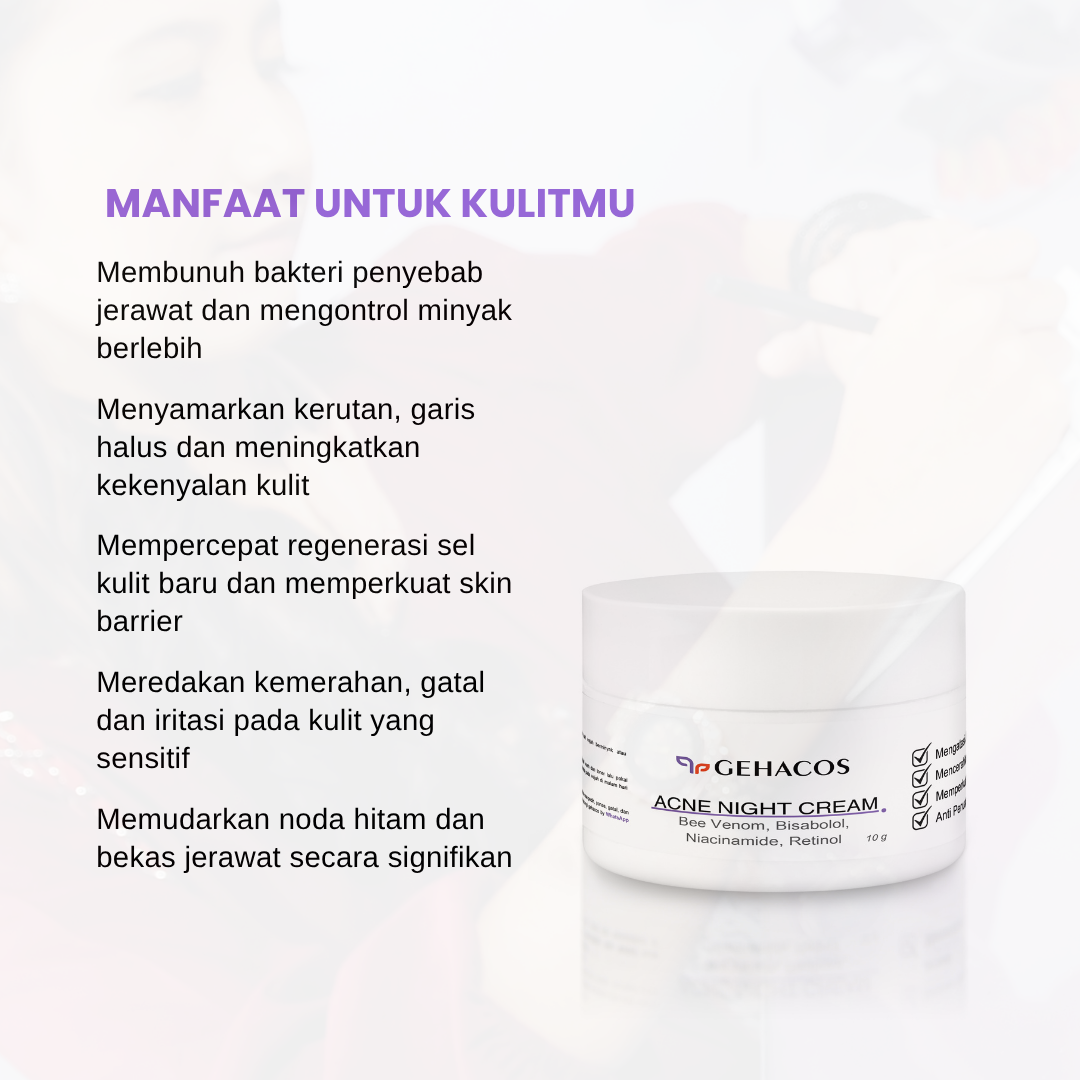 GEHACOS Acne Night Cream, Bee Venom, Bisabolol, Niacinamide, Retinol Untuk Jerawat & Anti Aging - Gambar 6