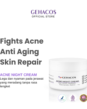 GEHACOS Acne Night Cream, Bee Venom, Bisabolol, Niacinamide, Retinol Untuk Jerawat & Anti Aging
