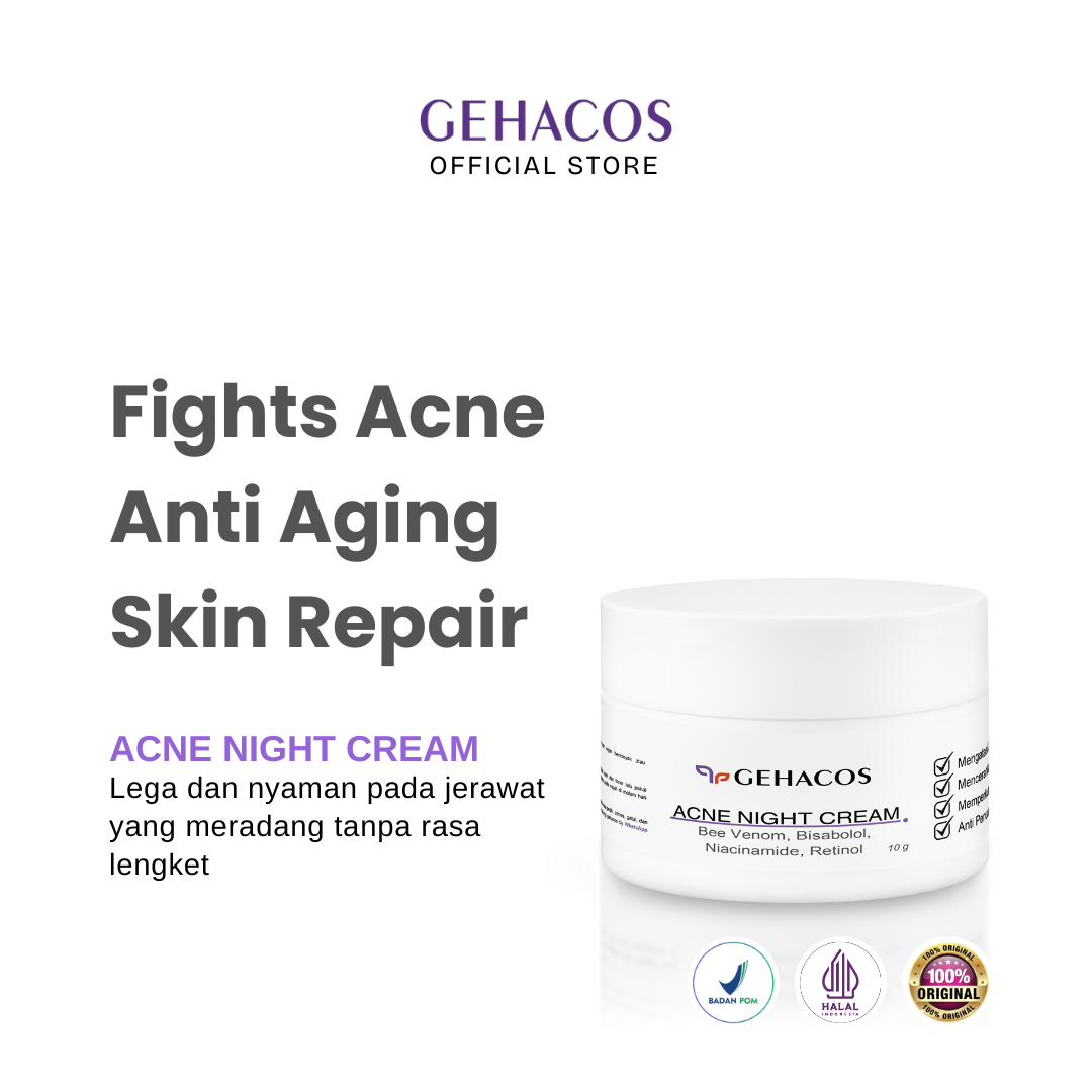 GEHACOS Acne Night Cream, Bee Venom, Bisabolol, Niacinamide, Retinol Untuk Jerawat & Anti Aging